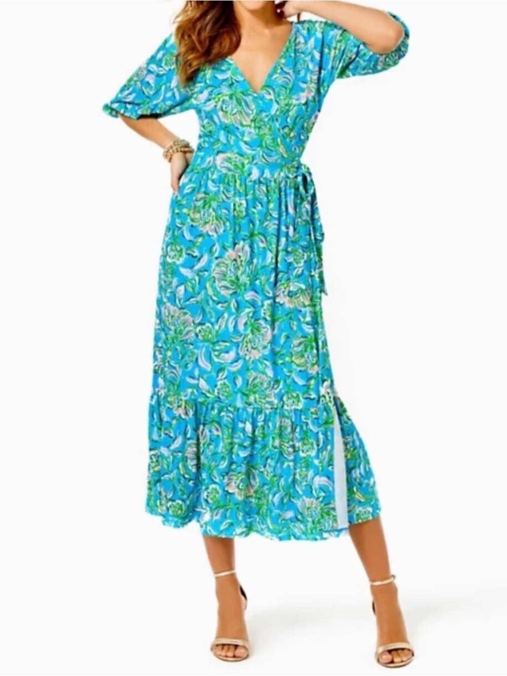 Lilly Pulitzer Turquoise Floral Wrap Midi Dress